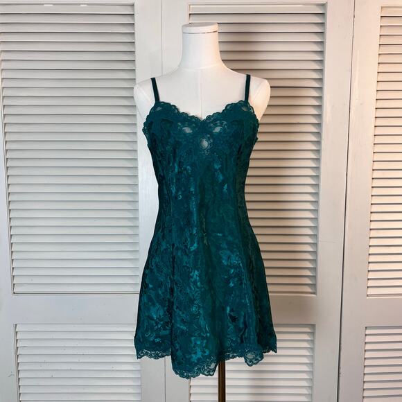 Victoria's Secret Other - Vintage Victoria’s Secret Satin Lace Babydoll Slip Dress Teal Green Size Small